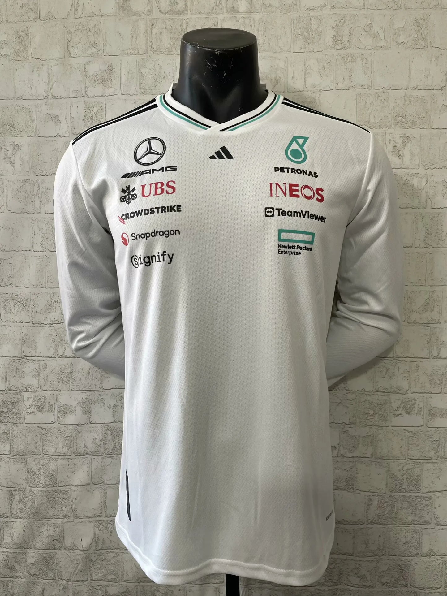 F1 Mercedes White Round Collar LS Racing Jersey 25